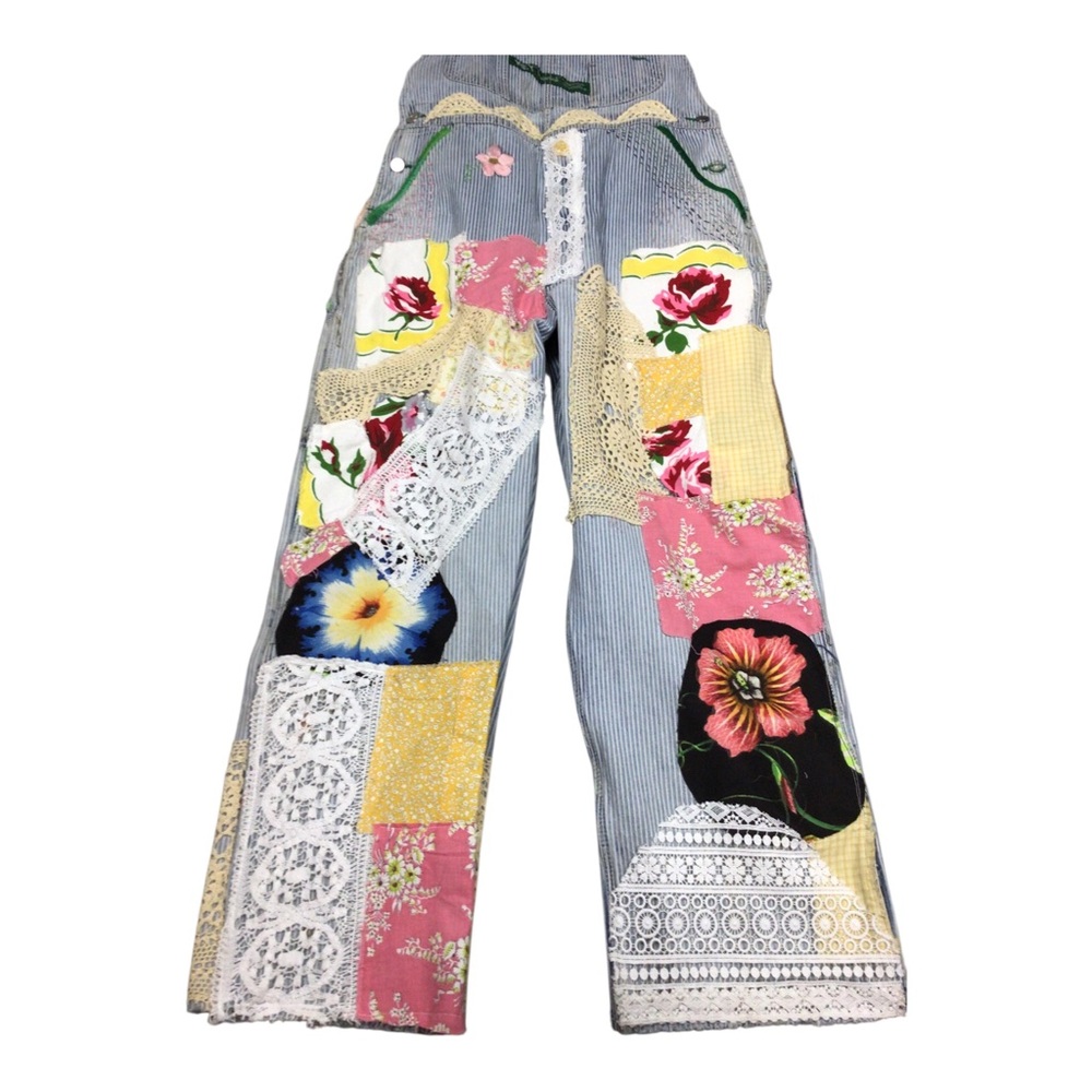 Upcycled Vintage Key Bib Railroad Striped Overalls Embroidered Crochet Parchwork - Picture 3 of 14